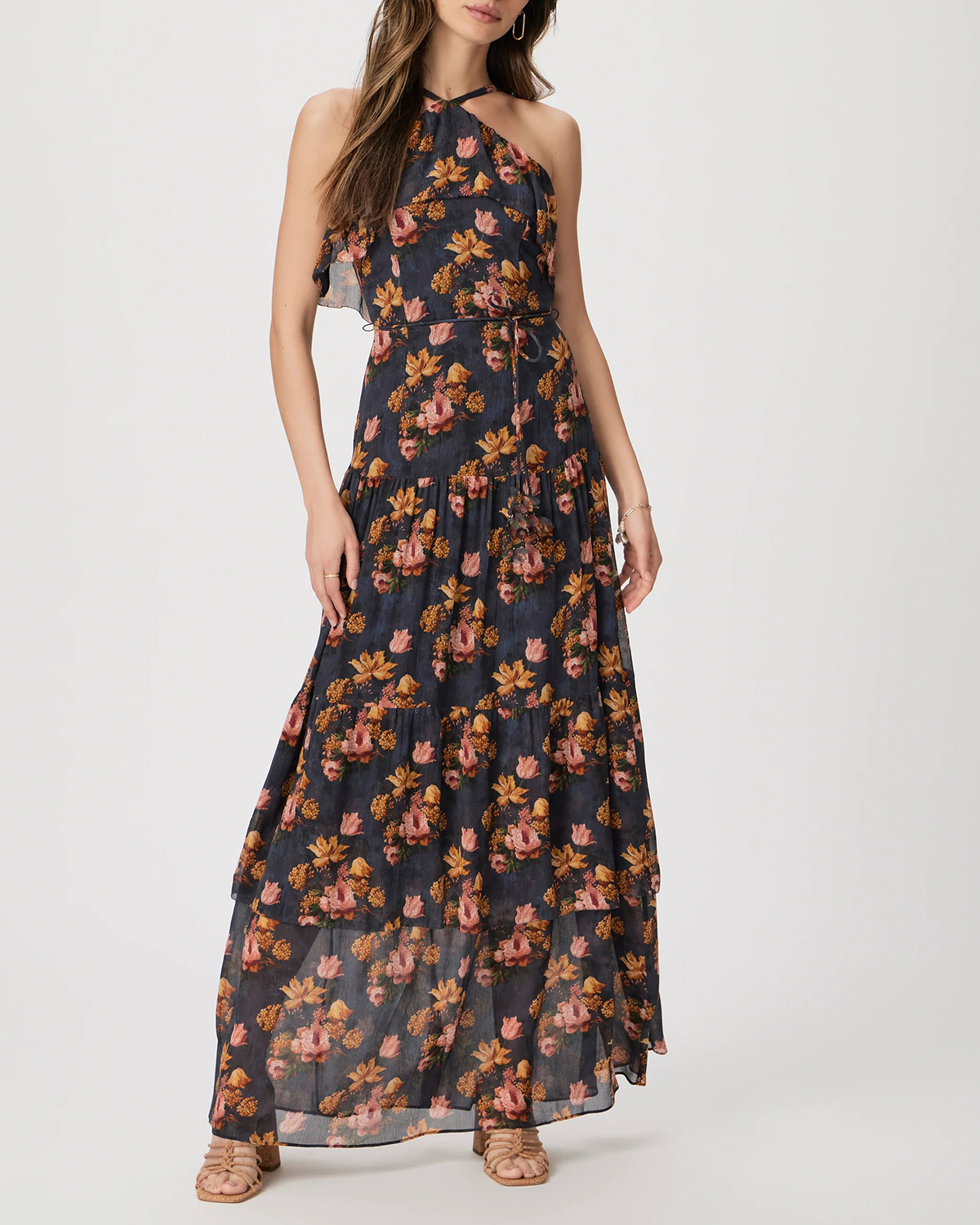 Navy And Orange Floral Print One Shoulder Maxi Dress
