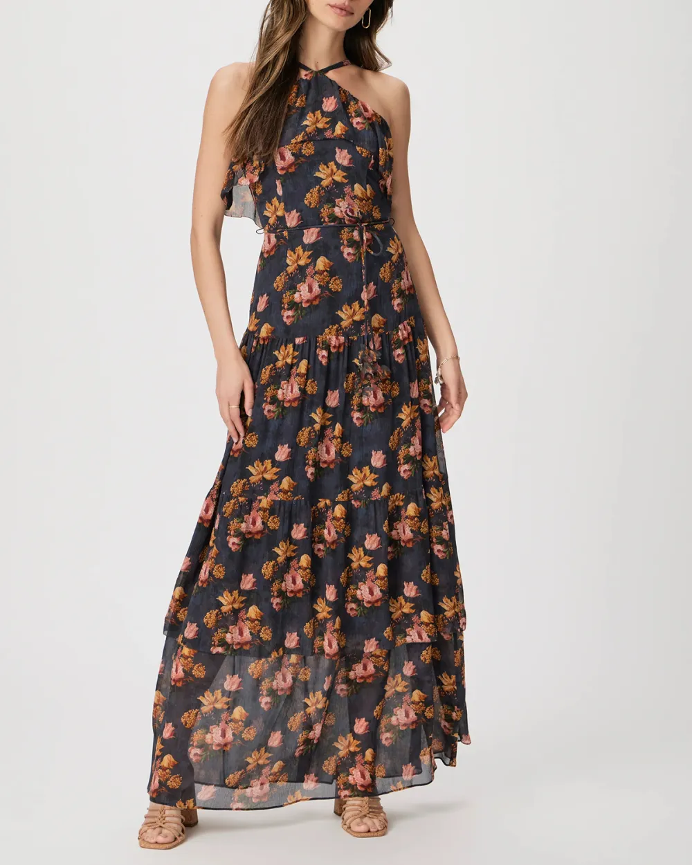 Navy And Orange Floral Print One Shoulder Maxi Dress