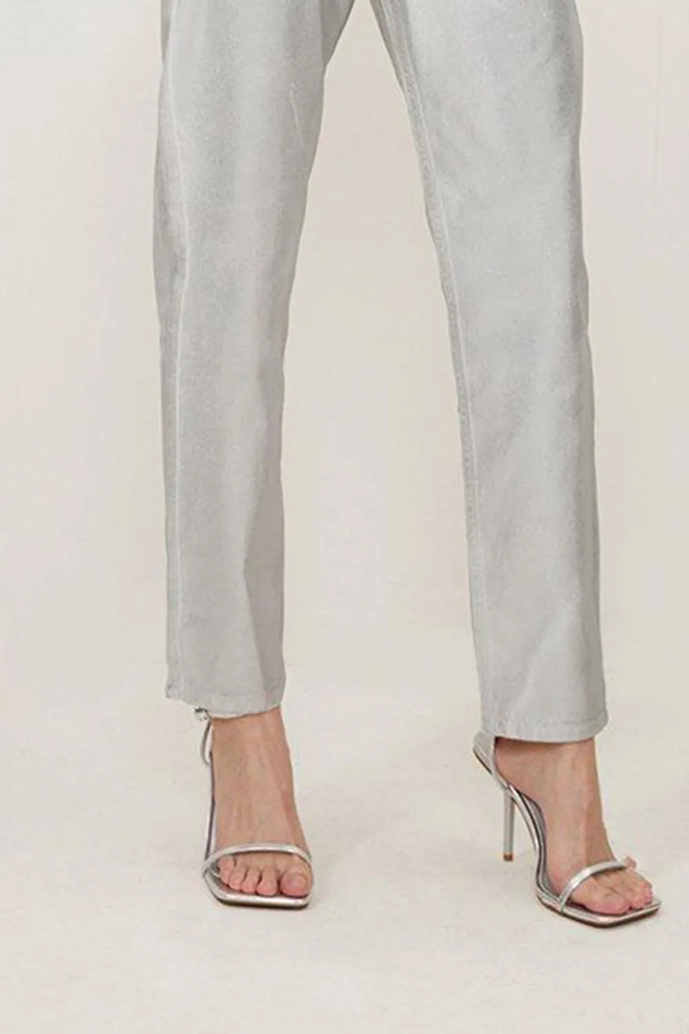 High Rise Slim Leg Silver Foiled Trouser