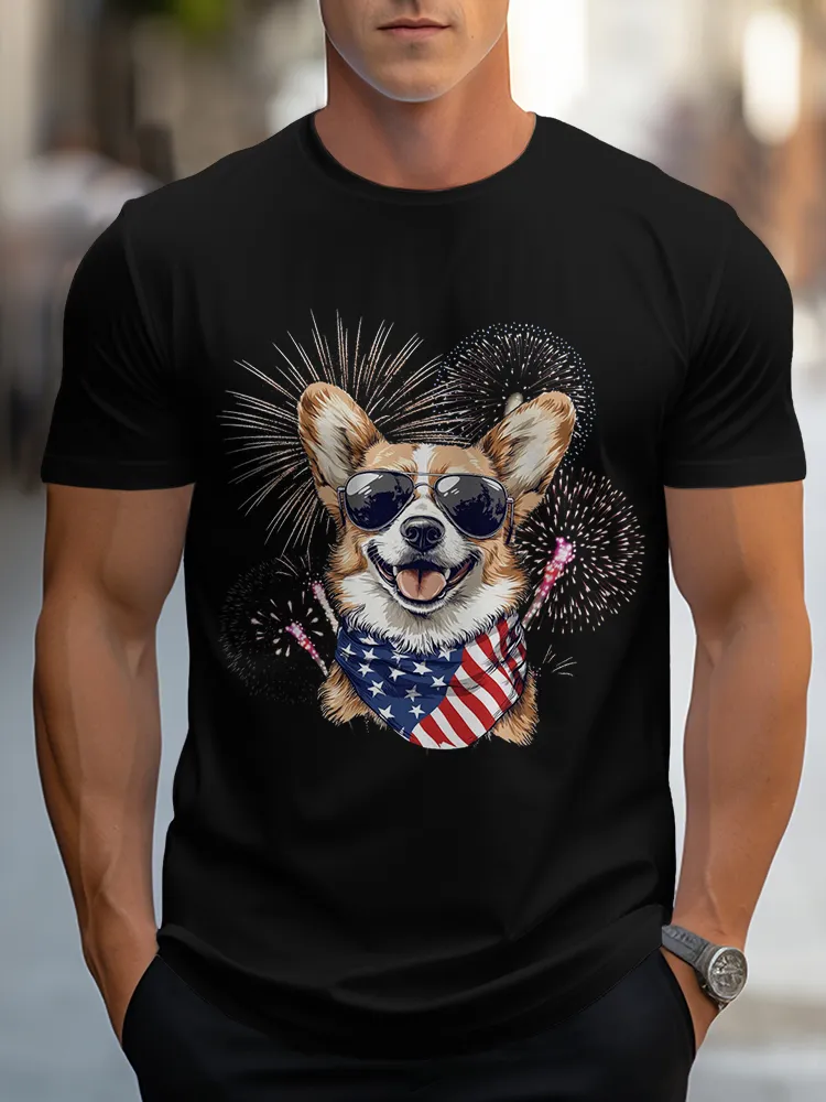 Man'S Puppy Fireworks Round-Neck Short-Sleeved T-Shirt