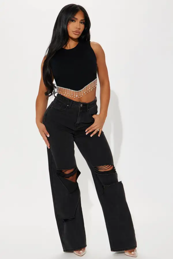 Dripping In Diamonds Rhinestone Sweater Top - Black