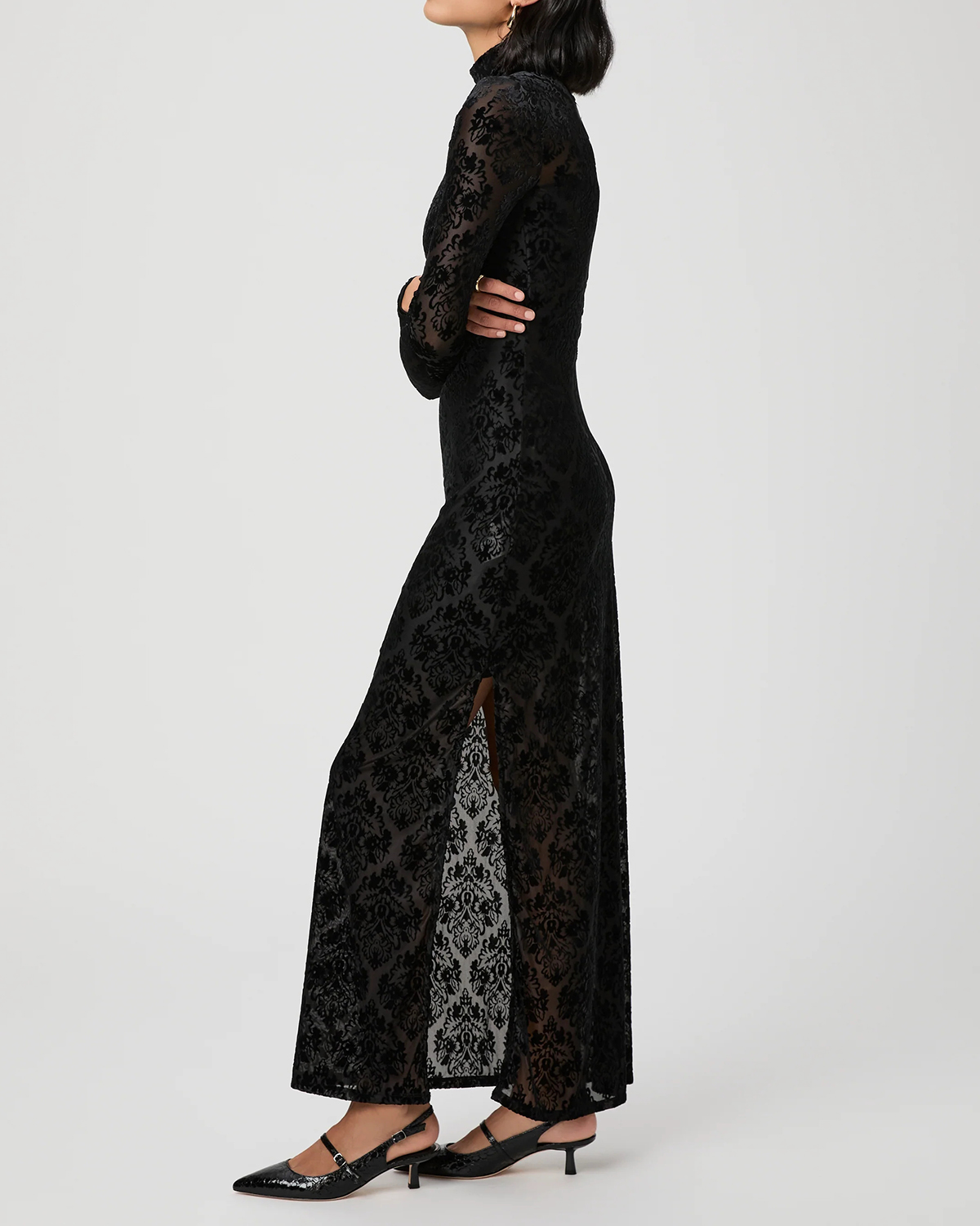 Black Lace Patterned Long Sleeve Maxi Dress