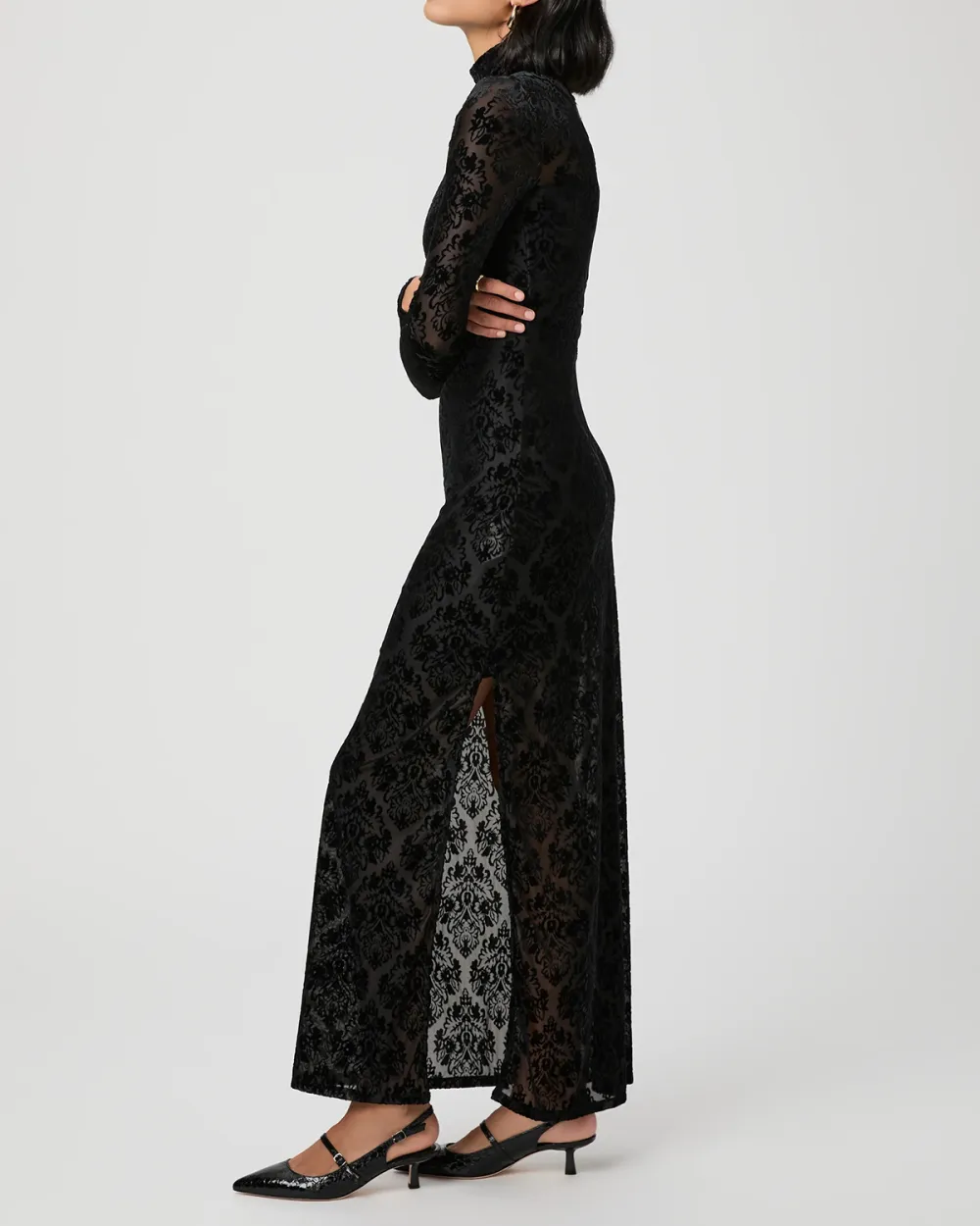 Black Lace Patterned Long Sleeve Maxi Dress