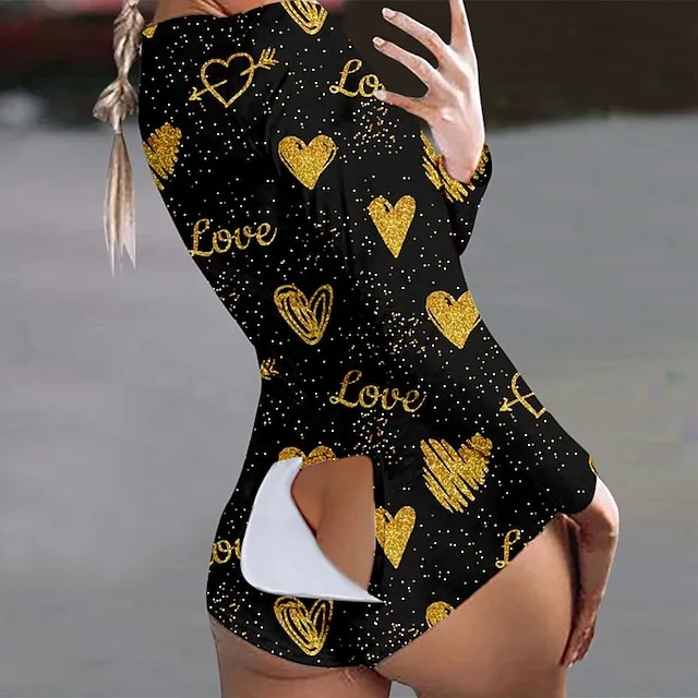 Women's Plus Size Pajamas Onesies Jumpsuits Nighty 1 PCS Heart Geometic Simple Fashion Comfort Home Bed Bamboo Warm Gift V Wire Long Sleeve Hole Print Fall Spring White Black