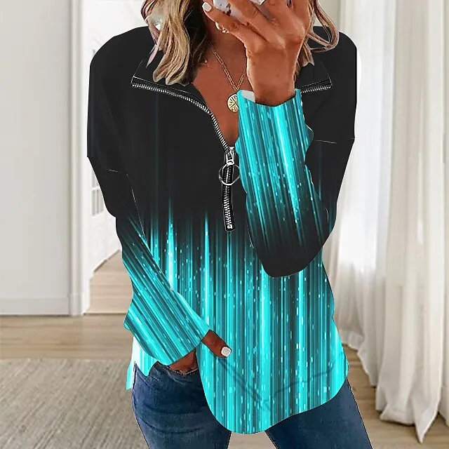 Women's Sweatshirt Pullover Plaid Color Block Basic Zipper White Red Blue Street Casual V Neck Long Sleeve Top Micro-elastic Spring Winter Fall & Winter