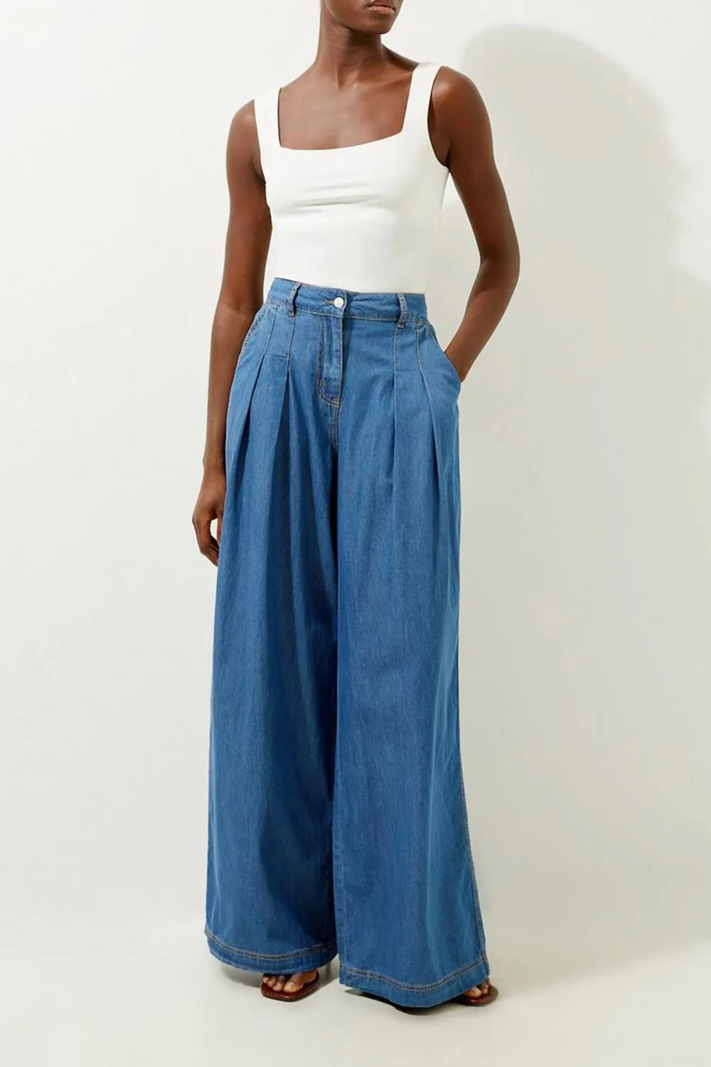 Tailored Chambray Denim Straight Leg Pleated Trousers