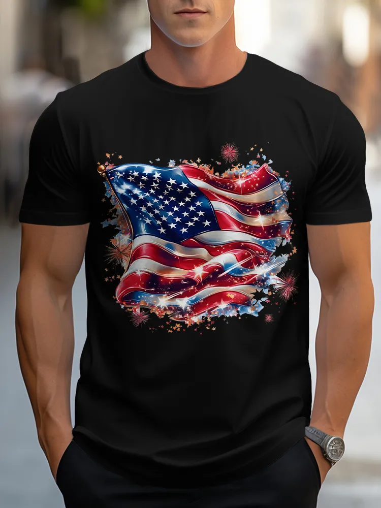 Man'S Stars And Stripes Print Round-Neck Short-Sleeved T-Shirt