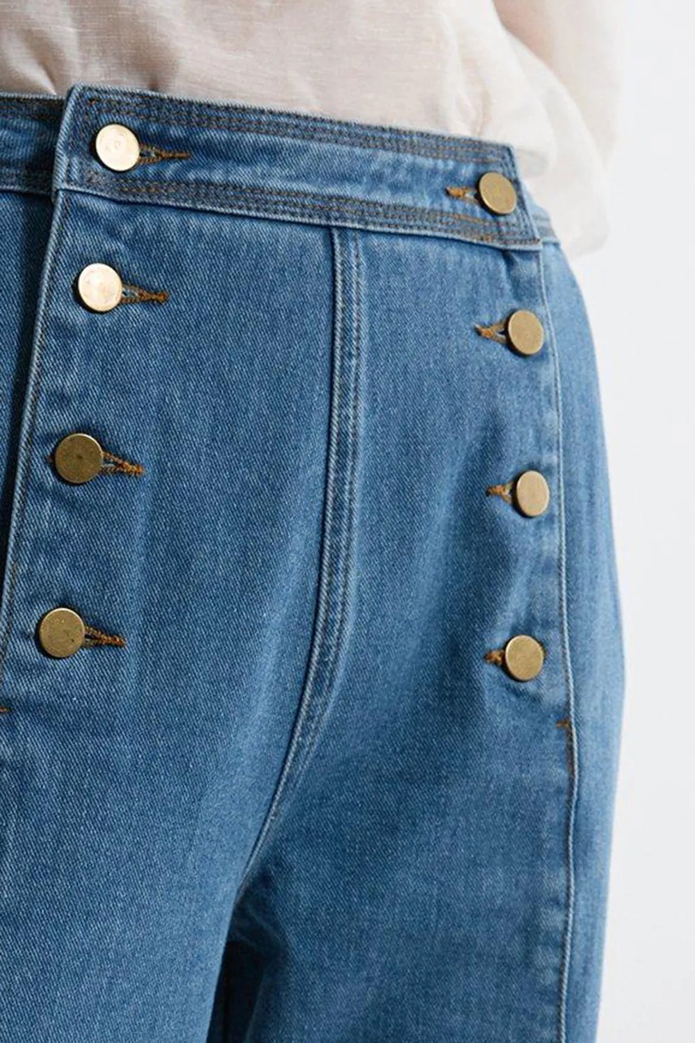 Denim Tailored Button Front Wide Leg Jeans