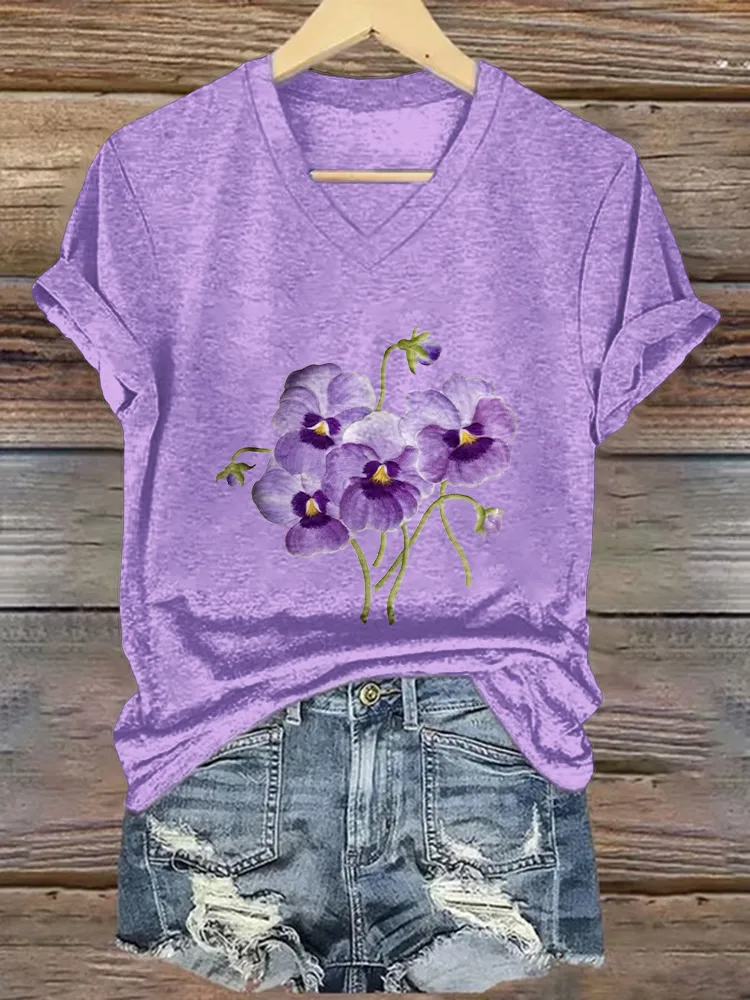 Women'S Floral Print Alzheimer'S Awareness V-Neck Short-Sleeved T-Shirt
