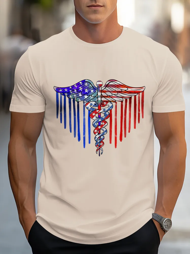 Man'S Star-Striped Wings Round-Neck Short-Sleeved T-Shirt